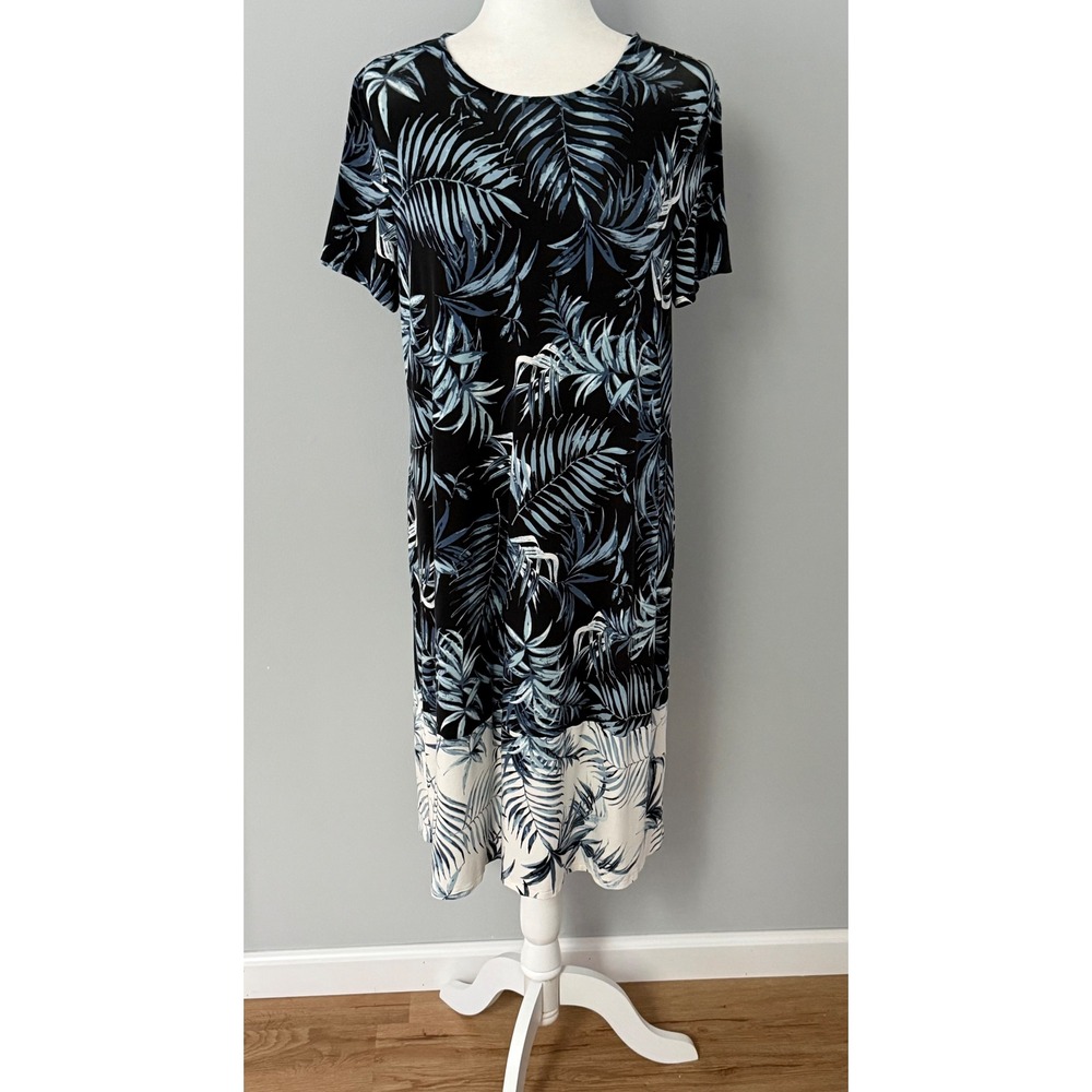 J. Jill Wearever Palm Leaf Tropical Midi Dress Black Blue White Size M Tall